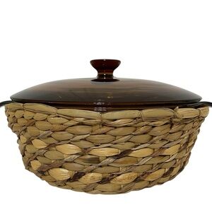 Vintage ANCHOR HOCKING Dark Amber 1.5 Quart Lidded Casserole and Serving Basket
